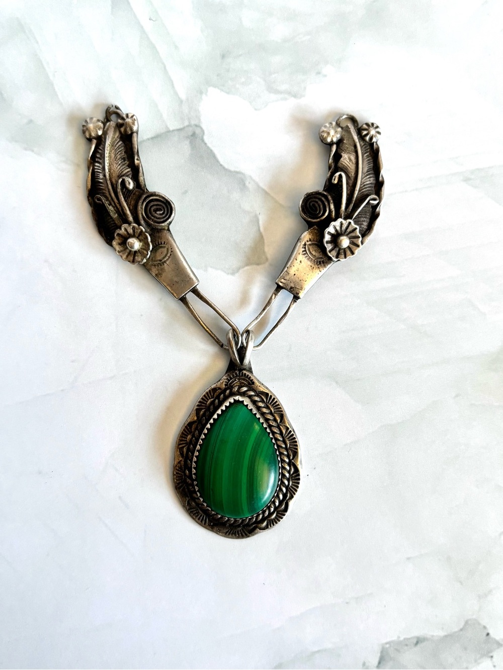 Vintage Navajo Wydell Billie Sterling Silver & Malachite Statement Pendant